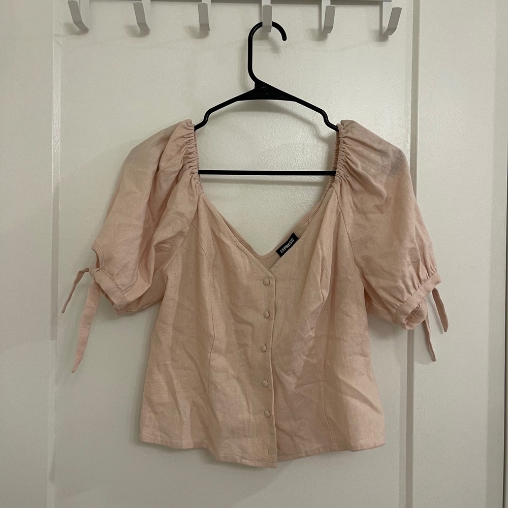 Express NWT Linen Blend Blush Pink Cottagecore Cropped Blouse Old‎ Money